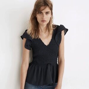 Madewell Navy Blue Smocked V-Neck Flutter Sleeve Peplum Top Size Medium